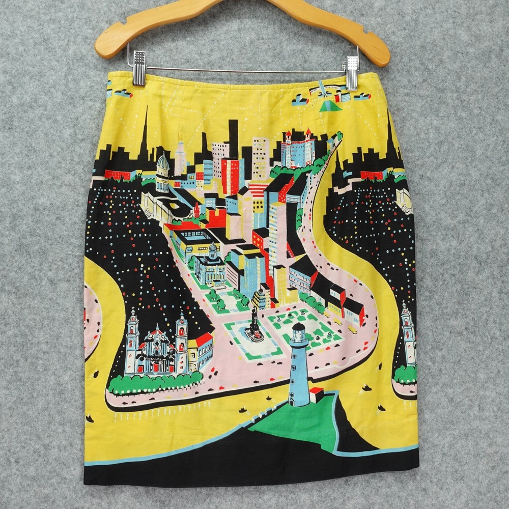 Vintage Scenic Print Pencil Skirt Womens L Yellow Black Novelty Urban Art Retro
